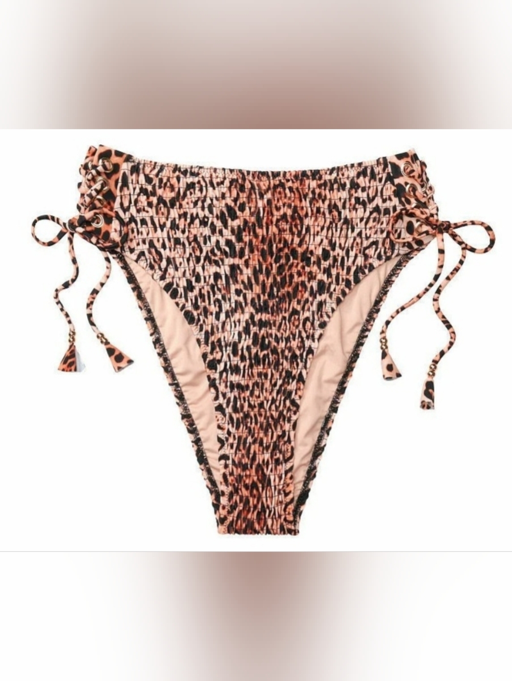 L XL VS High Waist Smocked Cheeky Bikini Bottom Leopard